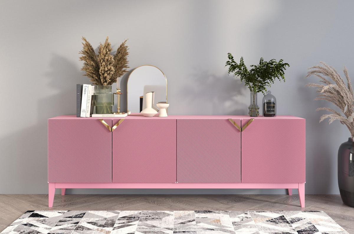 SIDEBOARD Demi Long, Pink-Gold, Mit Gefrästen Fronten, Massive Buche - Rosa, Holz/Holzwerkstoff (201.5/70/42cm) - Visby
