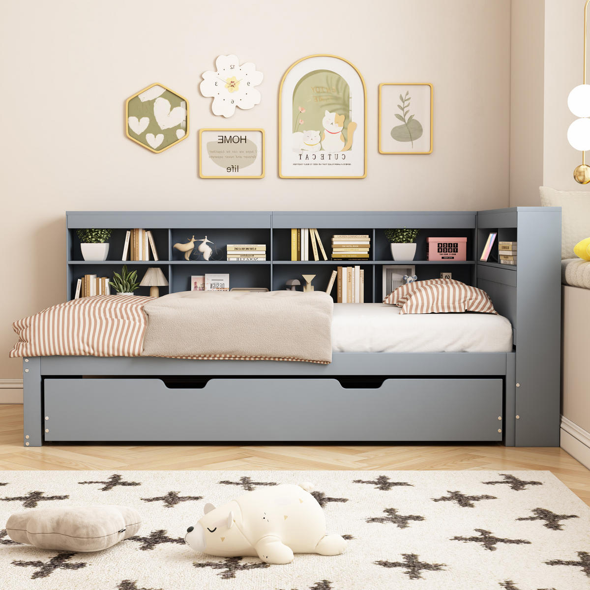 MULTIFUNKTIONSBETT 90/200 cm Grau mit USB-Buchse und Stauraum aus Massivholz - Grau, Holz - OKWISH