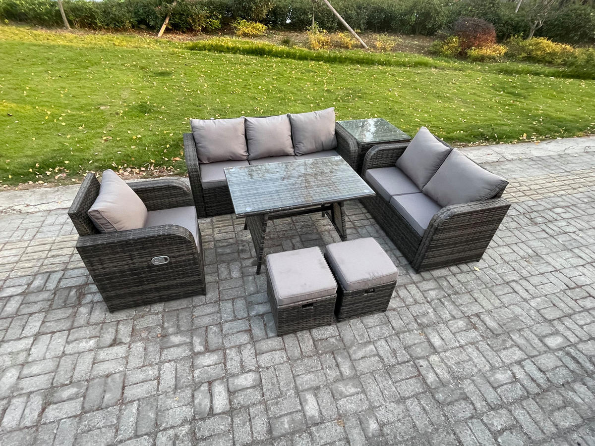 GARTENMÖBEL SET Polyrattan Dunkelgrau 8-Sitzer - Dunkelgrau/Grau, Glas/Kunststoff - Fimous