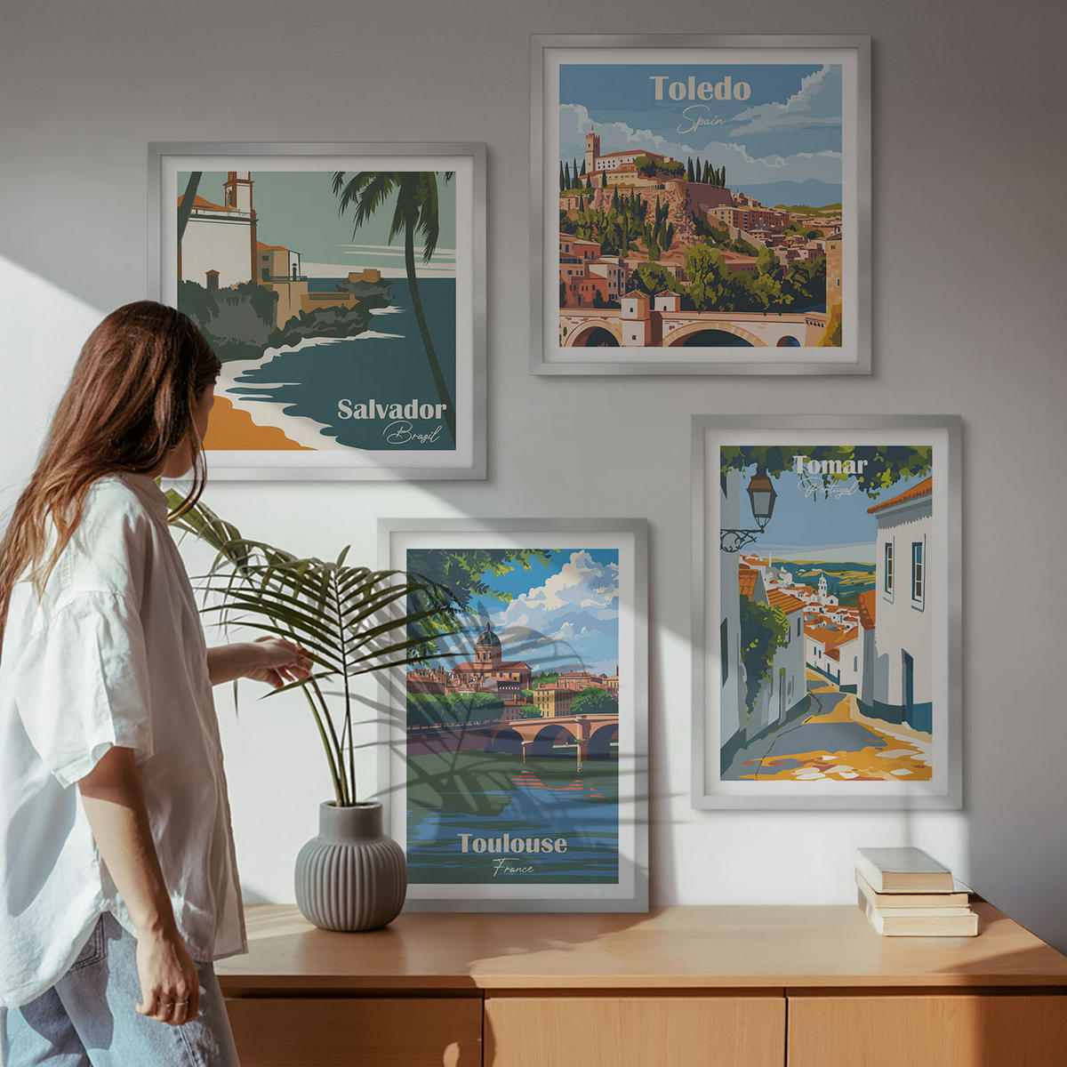 WANDBILDER 4er Set - 50x50 cm & 40x60 cm Silberner Rahmen - Retro-Stadtgrafiken - Silberfarben, Kunststoff (50/50cm) - ArtPrintCave