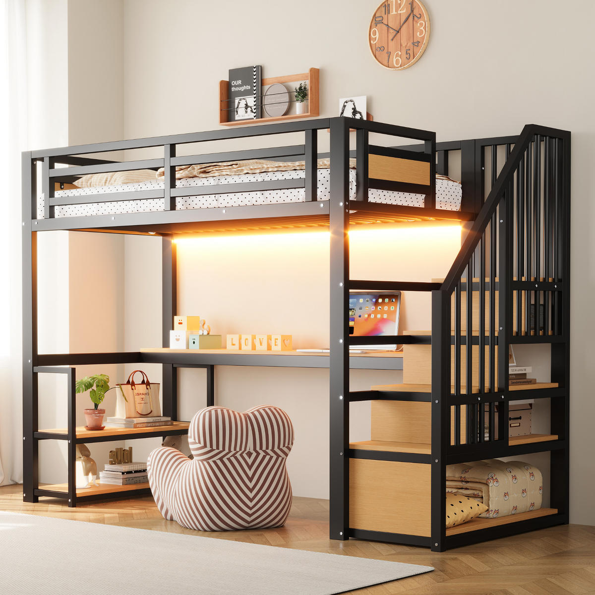 HOCHBETT 90/200 cm in Schwarz mit Aufbewahrungsleiter, Regal, Tisch, LED und Steckdose Metall-Design - Schwarz, Holzwerkstoff/Metall (90/200cm) - STILVORA