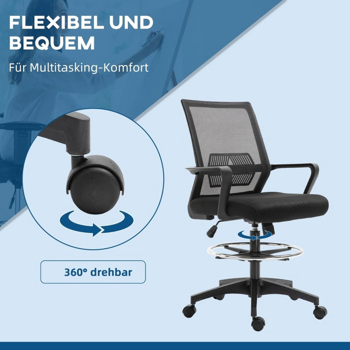 BÜROSTUHL in Schwarz 59x64x124 cm mit verstellbarer Sitzhöhe, Fußring und Wippfunktion - Schwarz, Kunststoff (64/124/59cm) - IVMEU