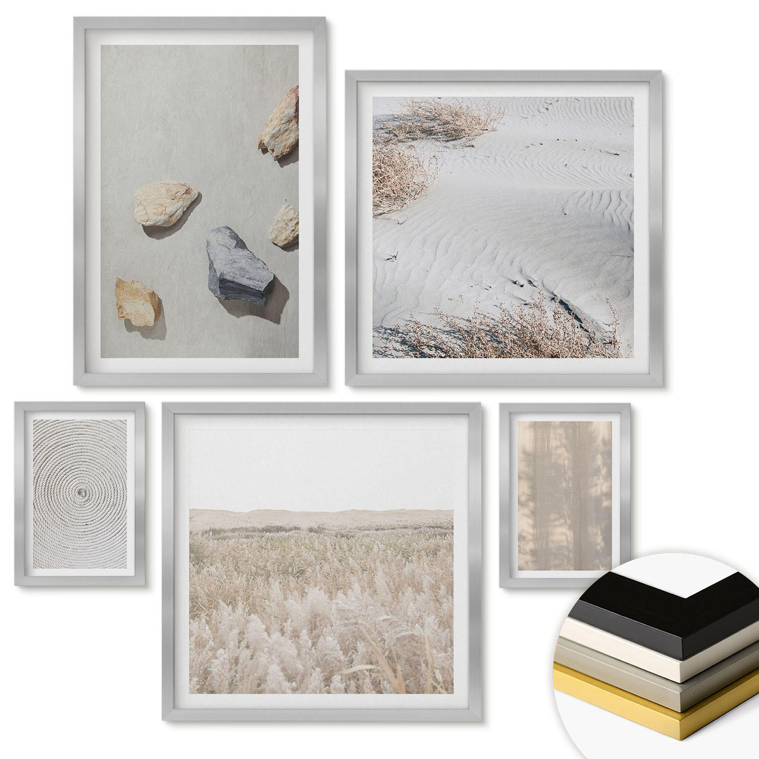 WANDBILDER 5er Set - 50x50 cm & 20x30 cm & 40x60 cm Silberner Rahmen - Boho-Naturtexturen - Silberfarben, Kunststoff (40/60cm) - ArtPrintCave
