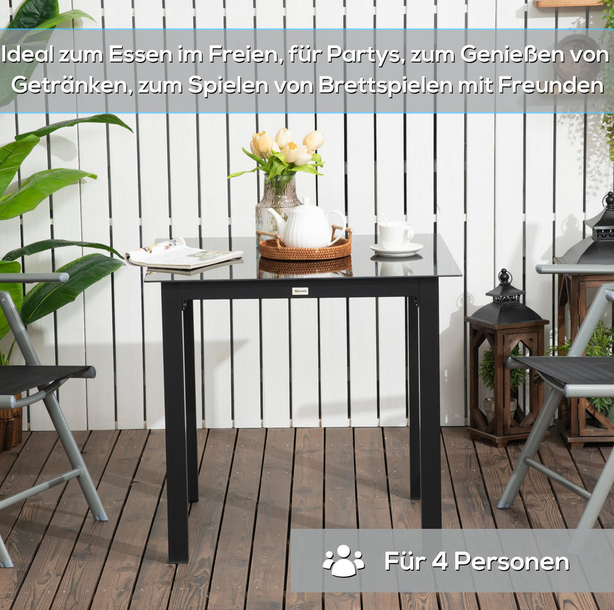GARTENTISCH aus Aluminium 80x80x74 cm Schwarz mit Hartglasplatte und verstellbaren Fußpolstern - Schwarz, Metall (80/80/74cm) - Modfu