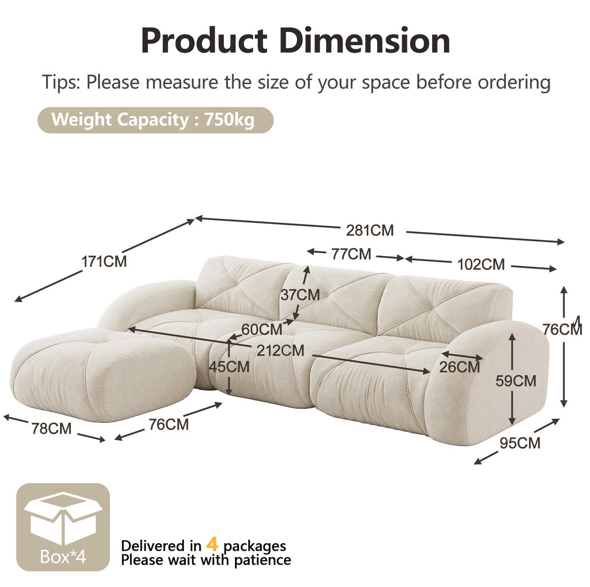 ECKSOFA 281/171/76 cm modular hellbeige aus Chenille mit flexiblem Modulsystem - Beige, Textil (171/281cm) - OKWISH