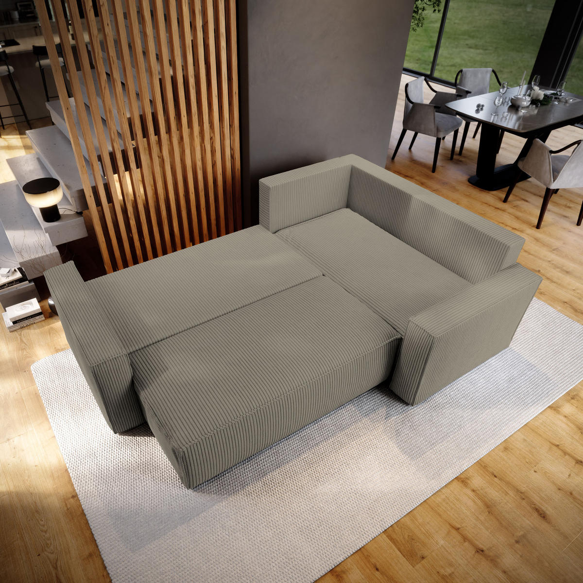 ECKSOFA ESTANO R-S Beige Kordstoff mit Schlaffunktion - Beige, Holz (230/158cm) - MASSENO