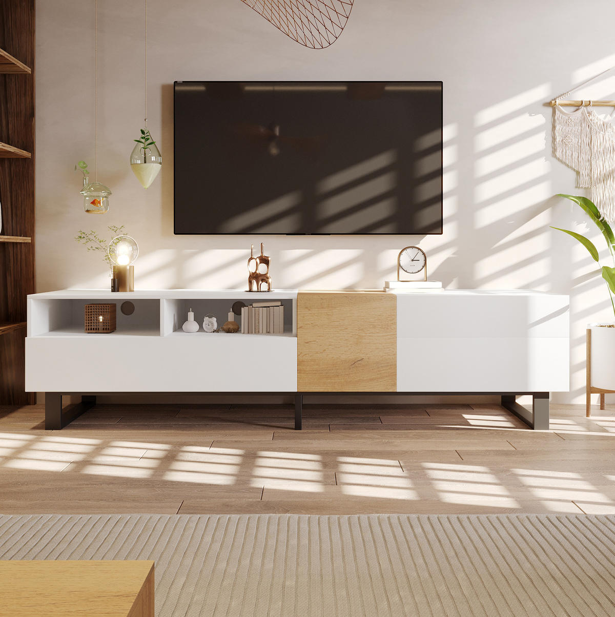 TV ormarić 180/38/50 cm bijelo i boja drveta od MDF-a s 2 ladice i 2 vrata - bijela, drvni materijal (180/50/38cm) - OKWISH
