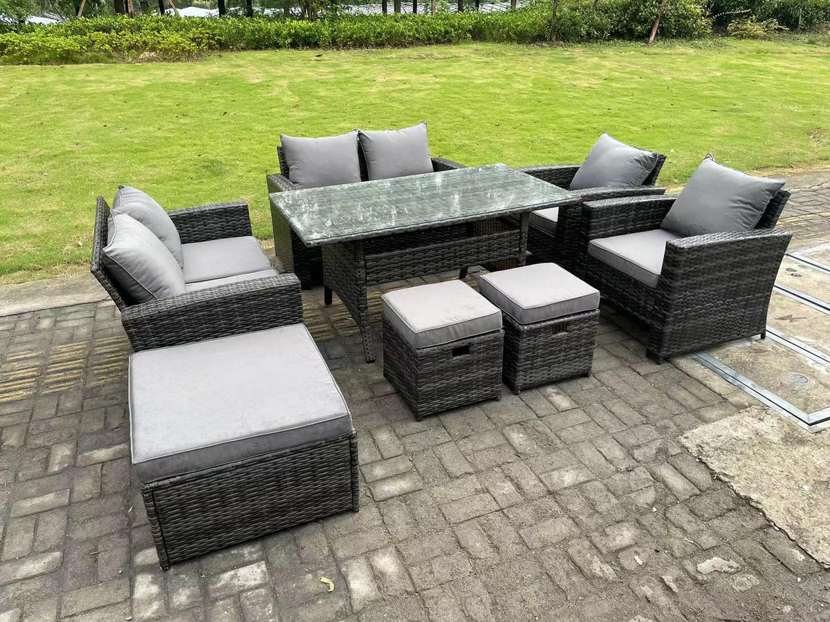 GARTENMÖBELGARNITUR mit Esstisch Polyrattan Dunkelgrau 9-Sitzer - Dunkelgrau/Grau, Glas/Kunststoff - Fimous
