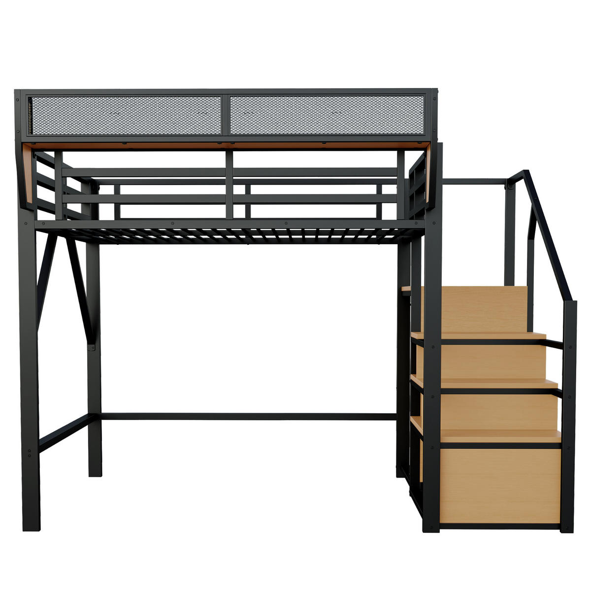 HOCHBETT 140/200 cm aus Metall mit Sicherheitsleiter und flexiblem Regal, Schwarz - Schwarz, Metall (140/200cm) - Redom
