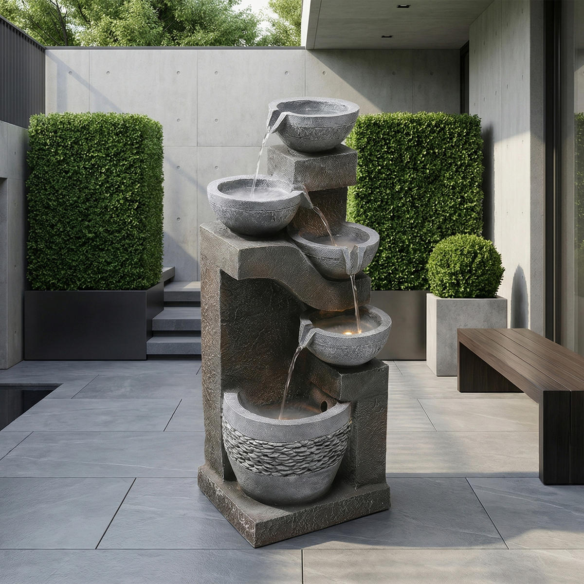 GARTENBRUNNEN, LED-Beleuchtung, Kunststein, Wasserspiel, Grau - Grau, Naturmaterialien (33.5/30.5/77.5cm) - FLIEKS