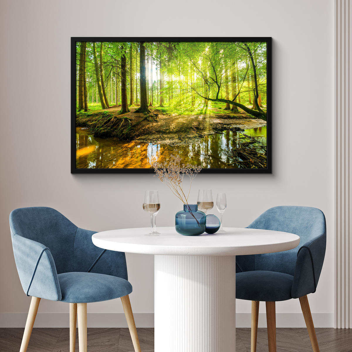 POSTER MIT RAHMENGERAHMTES BILD Wald - Landschaft - Wasser - Bäume - Sonne - Grün - Natur 90x60 cm - Grün, Papier (90/60cm) - MuchoWow