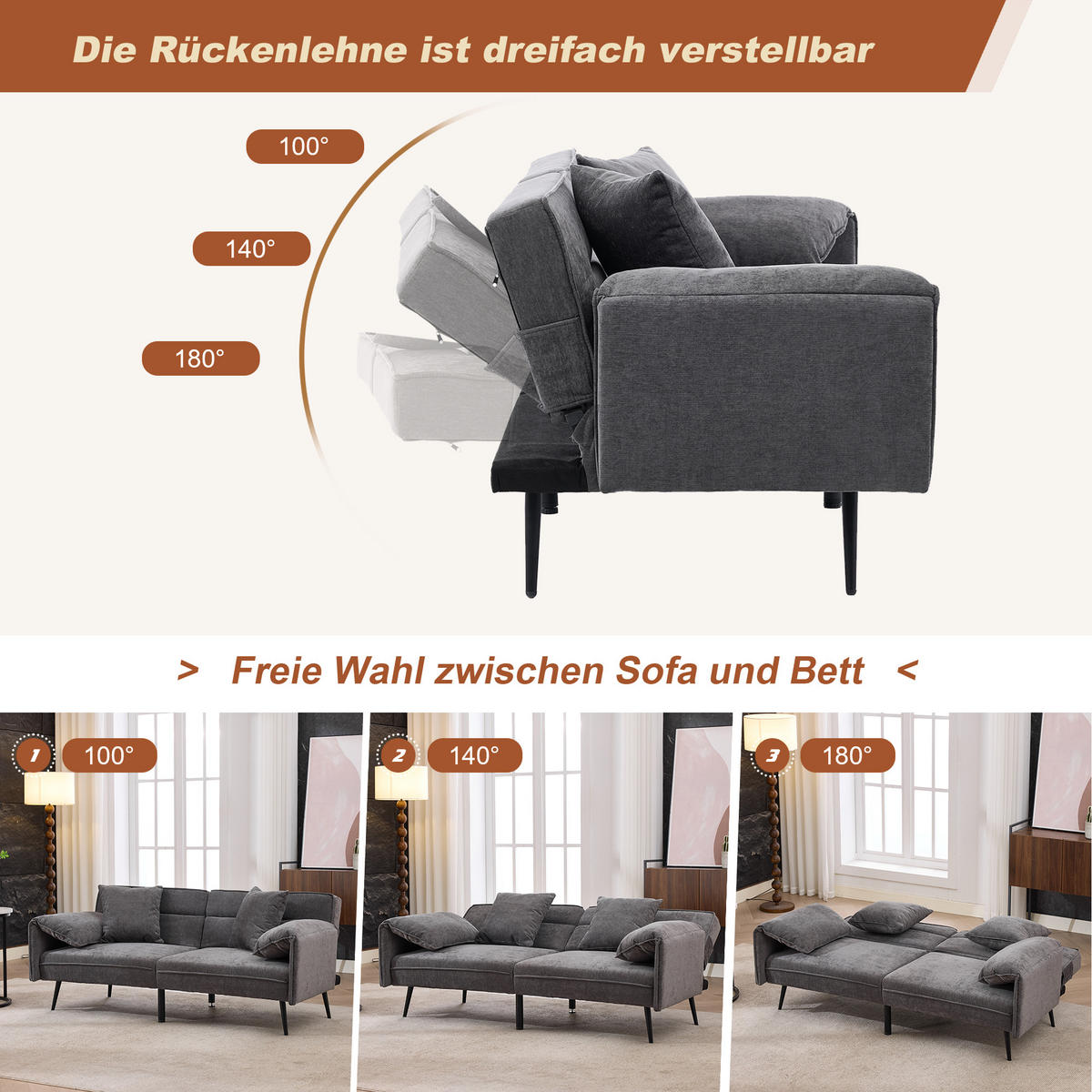 2-SITZER Schlafsofa, Stoff mit 3-fach verstellbarer Rückenlehne, 167,5/73/70 cm, Grau - Grau, Textil (73/70/167.5cm) - Redom