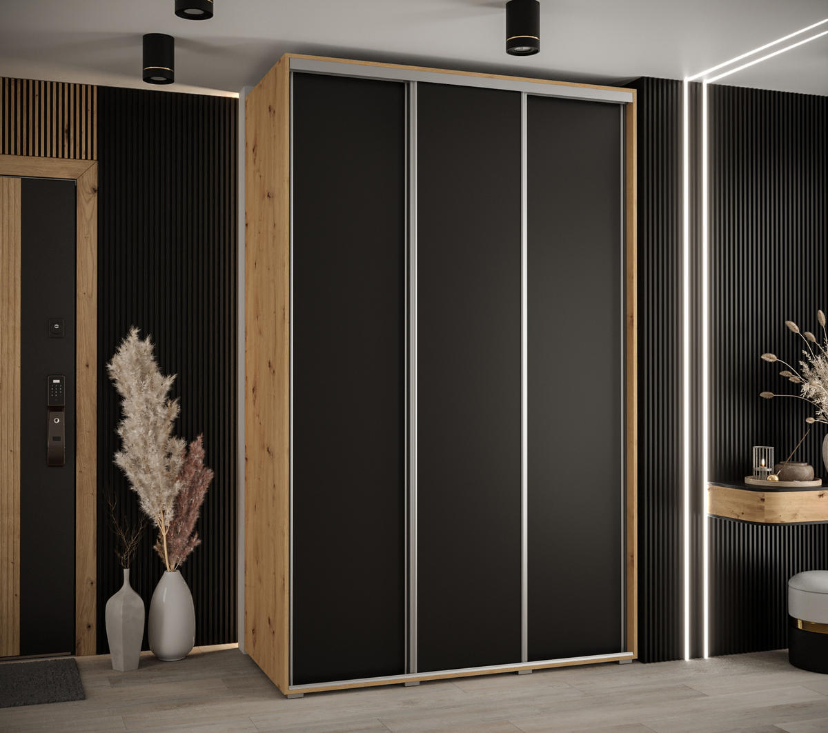 SCHWEBETÜRENSCHRANK 235,2/150/45 3-türig - Silberfarben/Schwarz, Holz/Metall (150/235/45cm) - Abiks Möbel