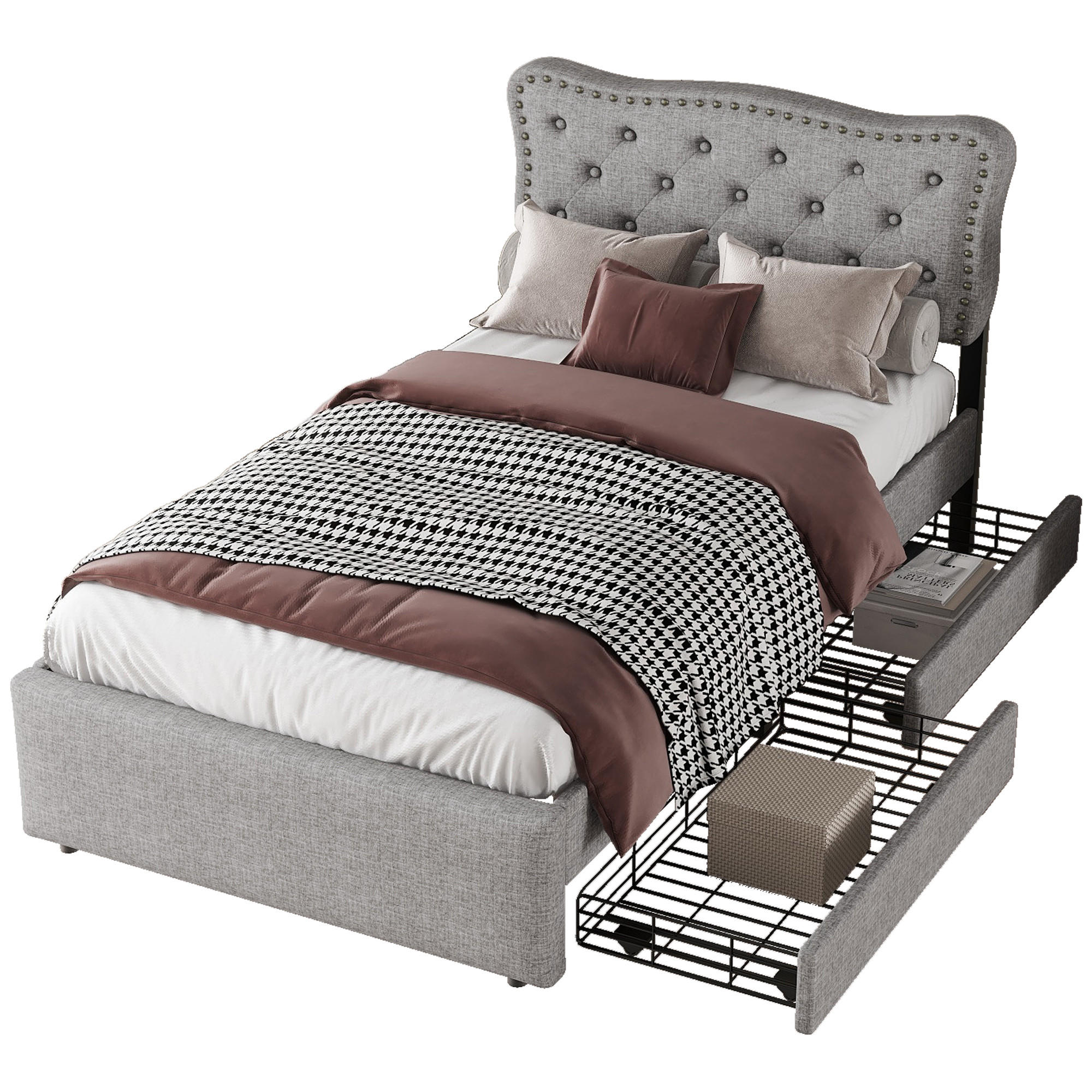 POLSTERBETT 90/200 cm grau mit Aufbewahrung und verstellbarem Nachttisch - Grau, Textil (90/200cm) - OKWISH