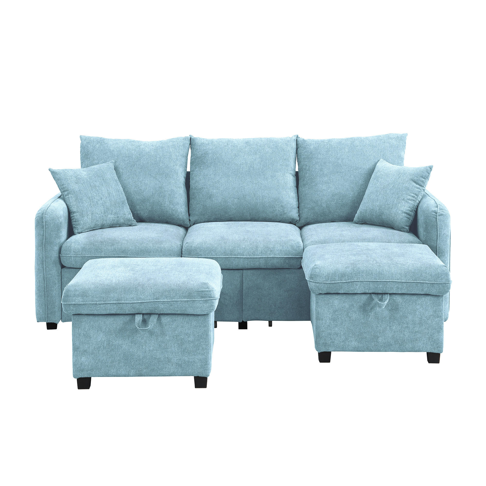 ECKSOFA 4-Sitzer Chenille Blau mit Schlaffunktion, Schubladen, Stauraum und inkl. Hocker - Blau, Holzwerkstoff/Kunststoff (188/186cm) - WISHDOR