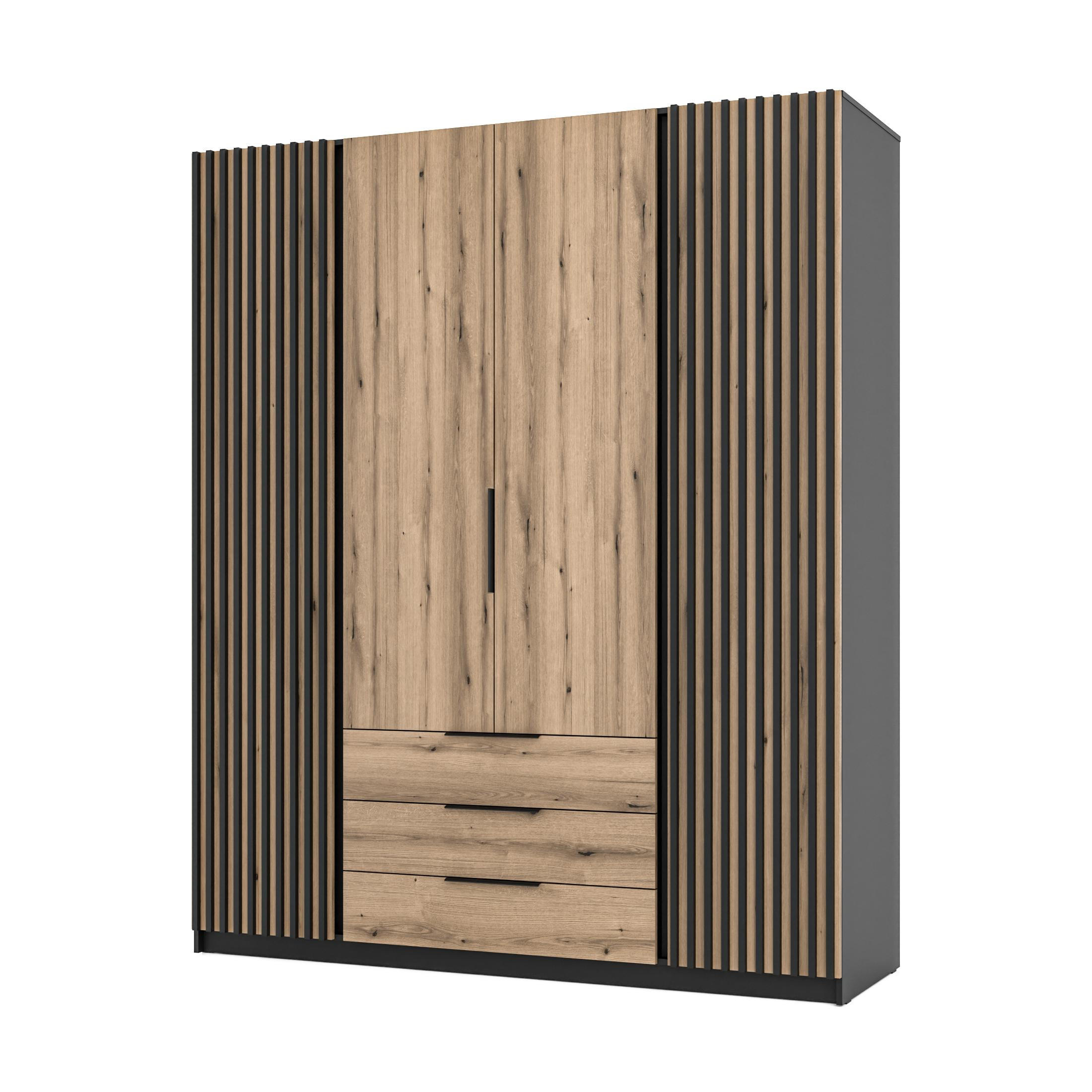 KLEIDERSCHRANK Nehir Korpus Schwarz, Front Eiche Evoke/Schwarz 200 cm - 4T3S Modern mit Schubladen und 2 Lamellentüren außen - Eichefarben/Schwarz, Holzwerkstoff/Kunststoff (200/239/61.9cm) - AX Living