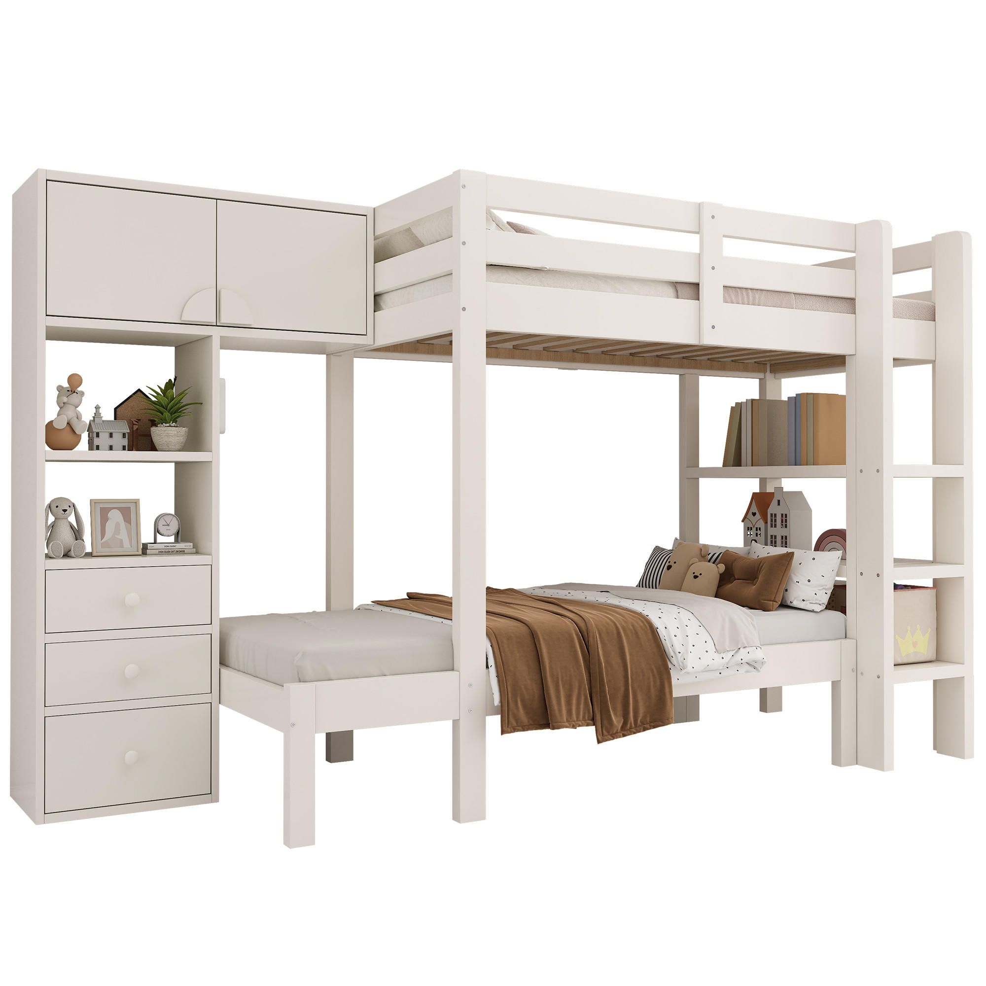 STILVORA ETAGENBETT 90/200 cm & 90/200 cm in Weiß mit Schrank, 3 Schubladen, Regal und LED