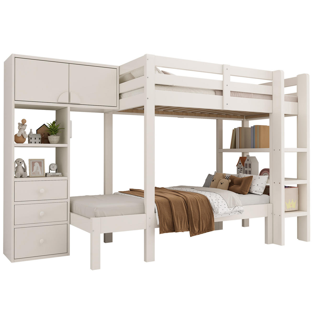 ETAGENBETT 90/200 cm Weiß mit Nachtlicht versetztem Design und Stauraum - Weiß, Metall (90/200cm) - OKWISH