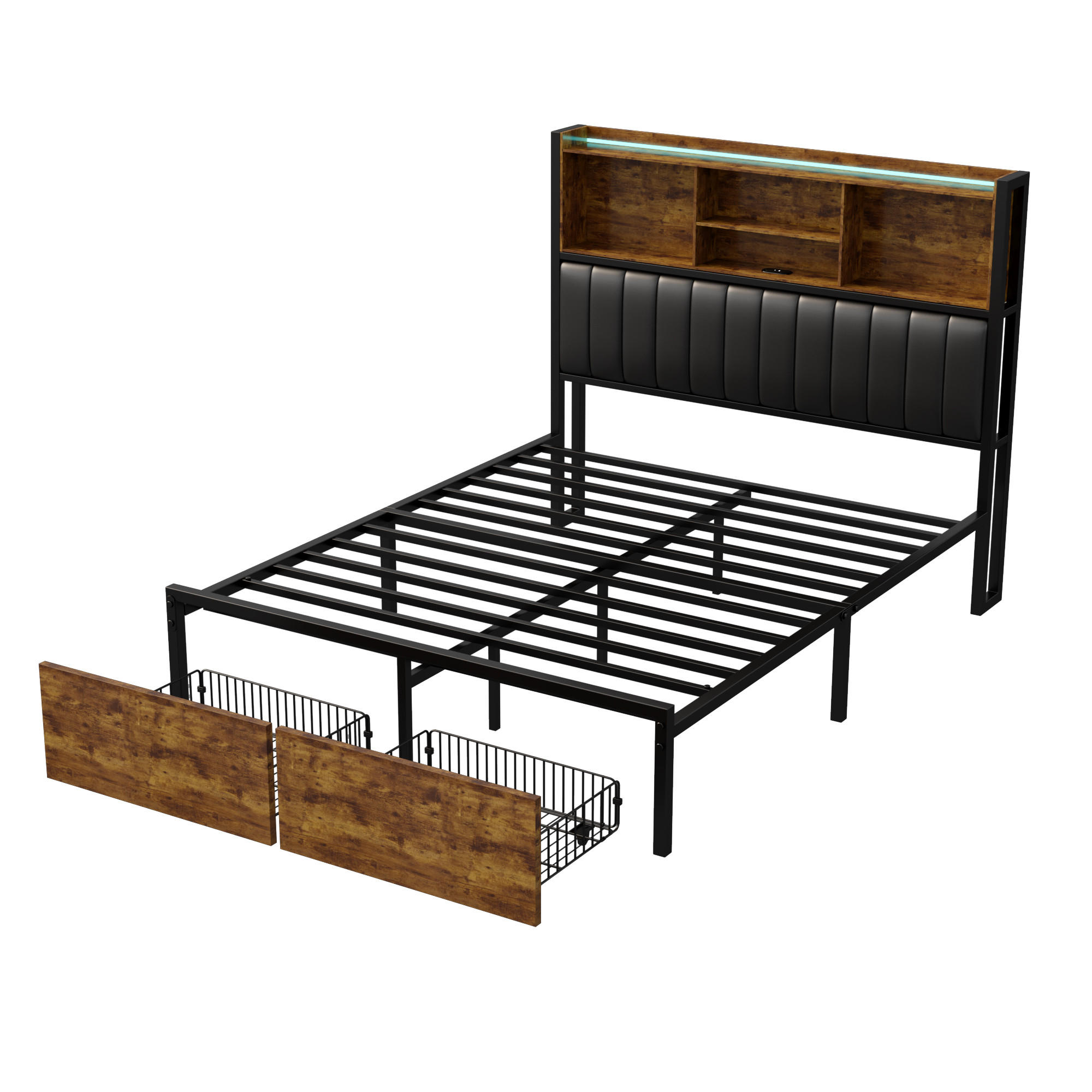 METALLBETT 140x200 cm mit Kopfteil-Stauraum, LED, USB, Schwarz - Schwarz, Metall (140/200cm)