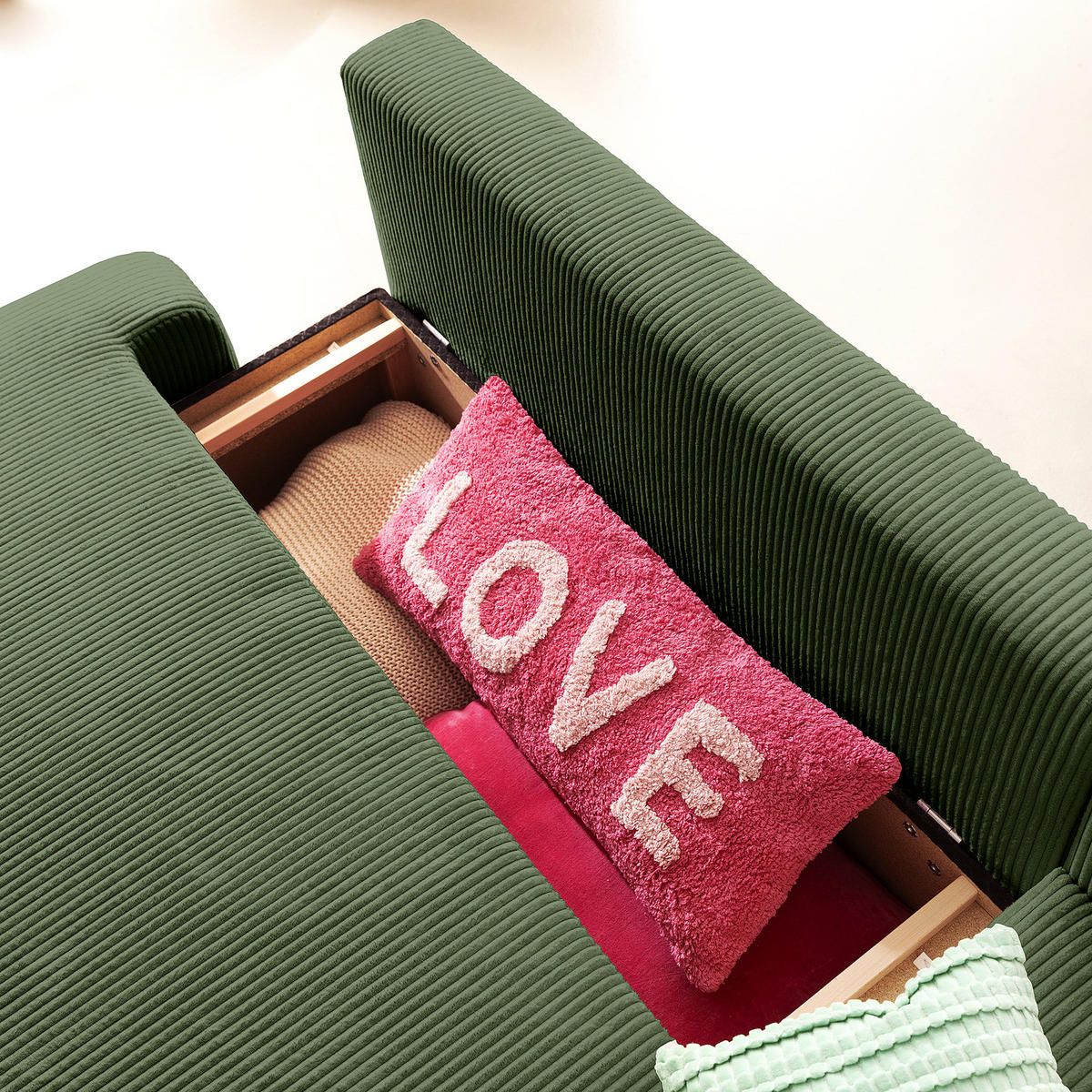 ECKSOFA mit Schlaffunktion - Longchair - Schwarz/Grün, Kunststoff/Textil (253/167cm) - home24