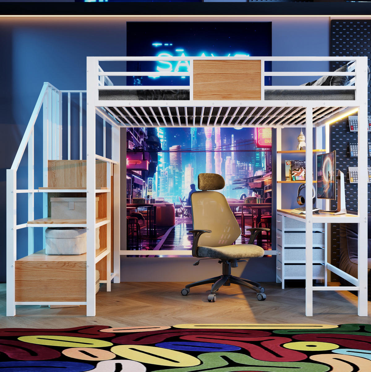 HOCHBETT 140/200 cm aus Metall und MDF mit Schreibtisch, Stauraum und LED-Beleuchtung Weiß - Weiß, Metall (140/200cm) - Modenvie