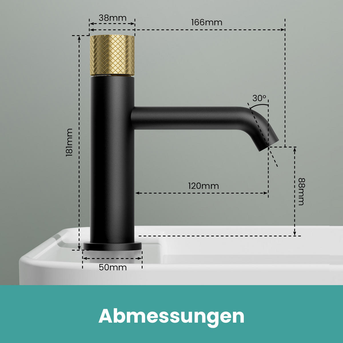 WASCHTISCHARMATUR DVGW-zertifiziertes Zulaufrohr Gerändelter Messinggriff - Schwarz, Metall (16.6/5/18.1cm) - EMKE