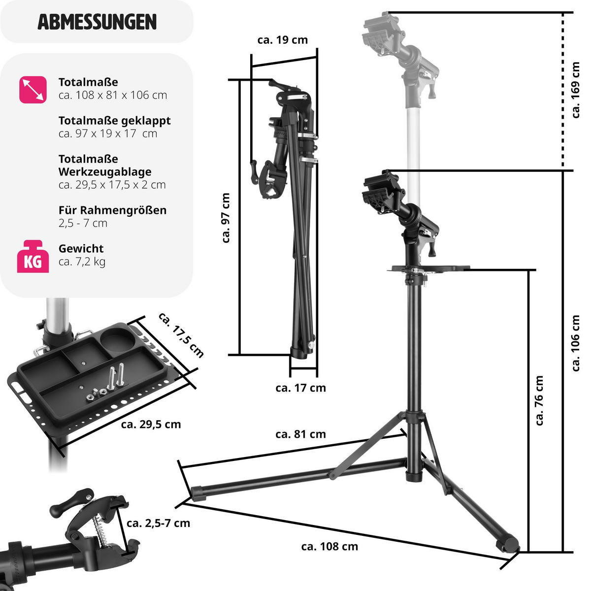 FAHRRADMONTAGESTÄNDER Jan,inklusive Vorderrad-Stabilisator,grau/schwarz - Schwarz/Grau, Textil (81/169cm) - tectake