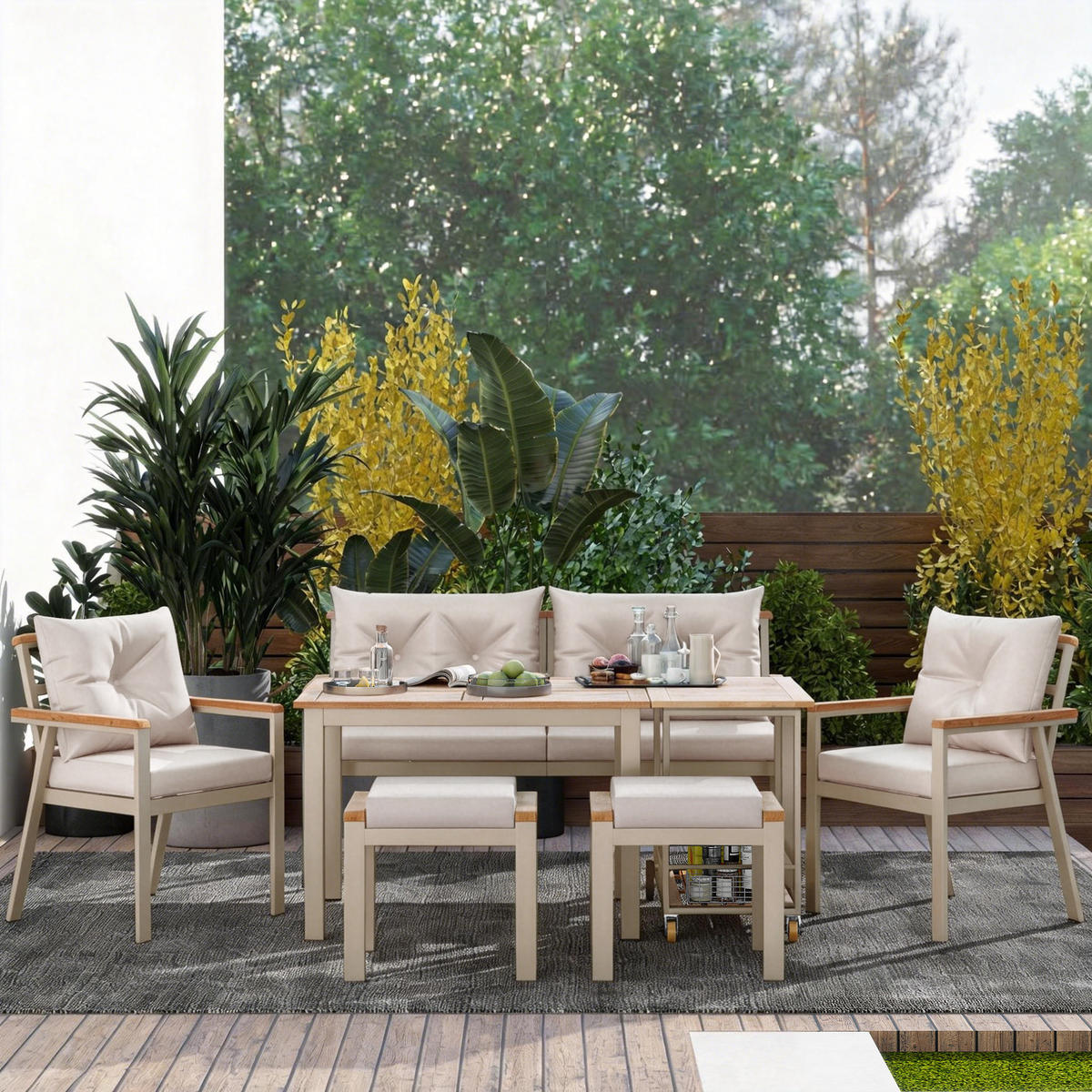 GARTEN-ESSGRUPPE 171/35/81 cm eige/Natur aus Akazienholz mit Servierwagen für 6-7 Personen - Beige, Metall - OKWISH