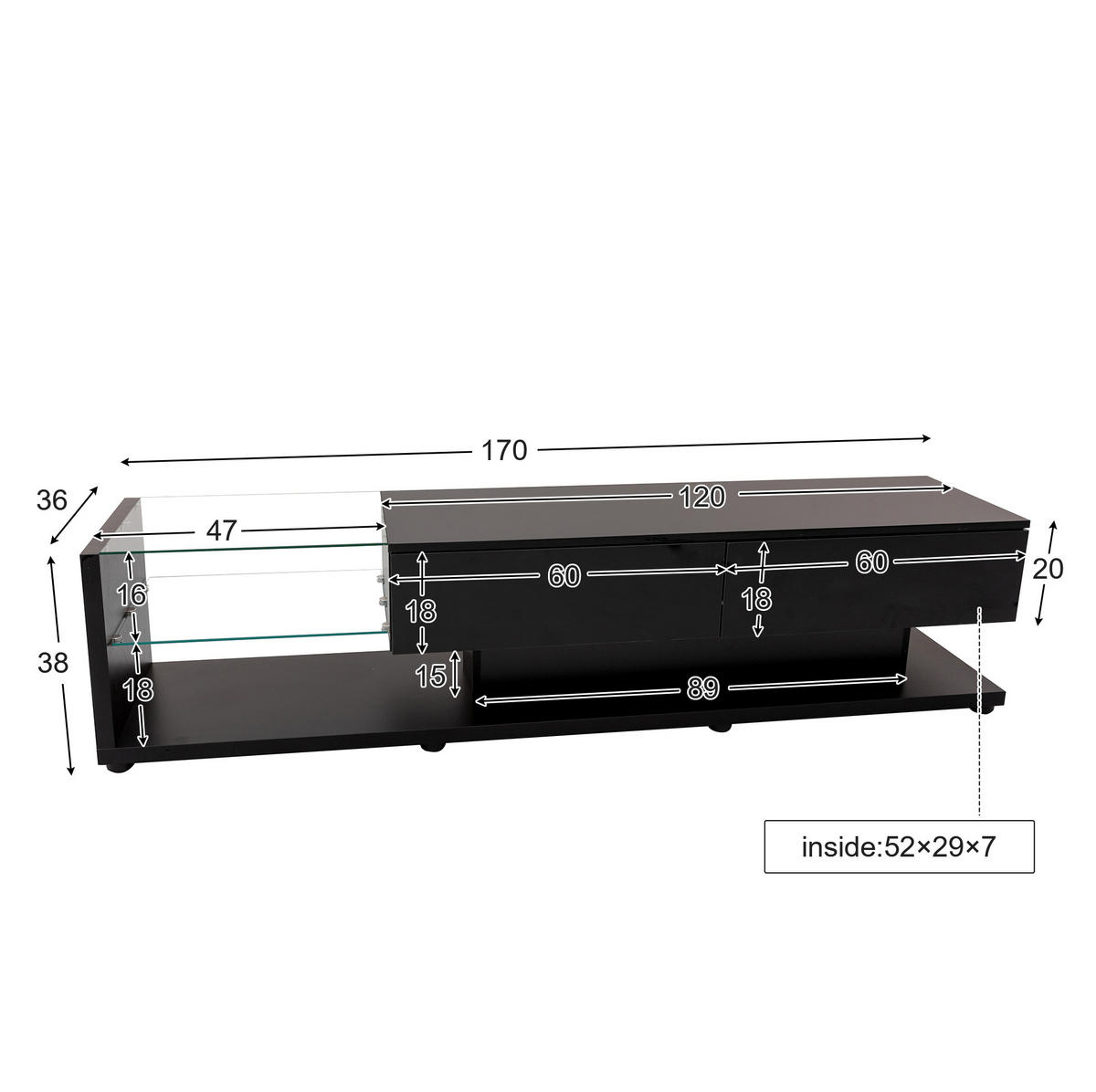 TV-SCHRANK in Schwarz Hochglanz mit 2 Schubladen und LED 170/38/36 cm - Schwarz, Holzwerkstoff (170/38/36cm) - Redom