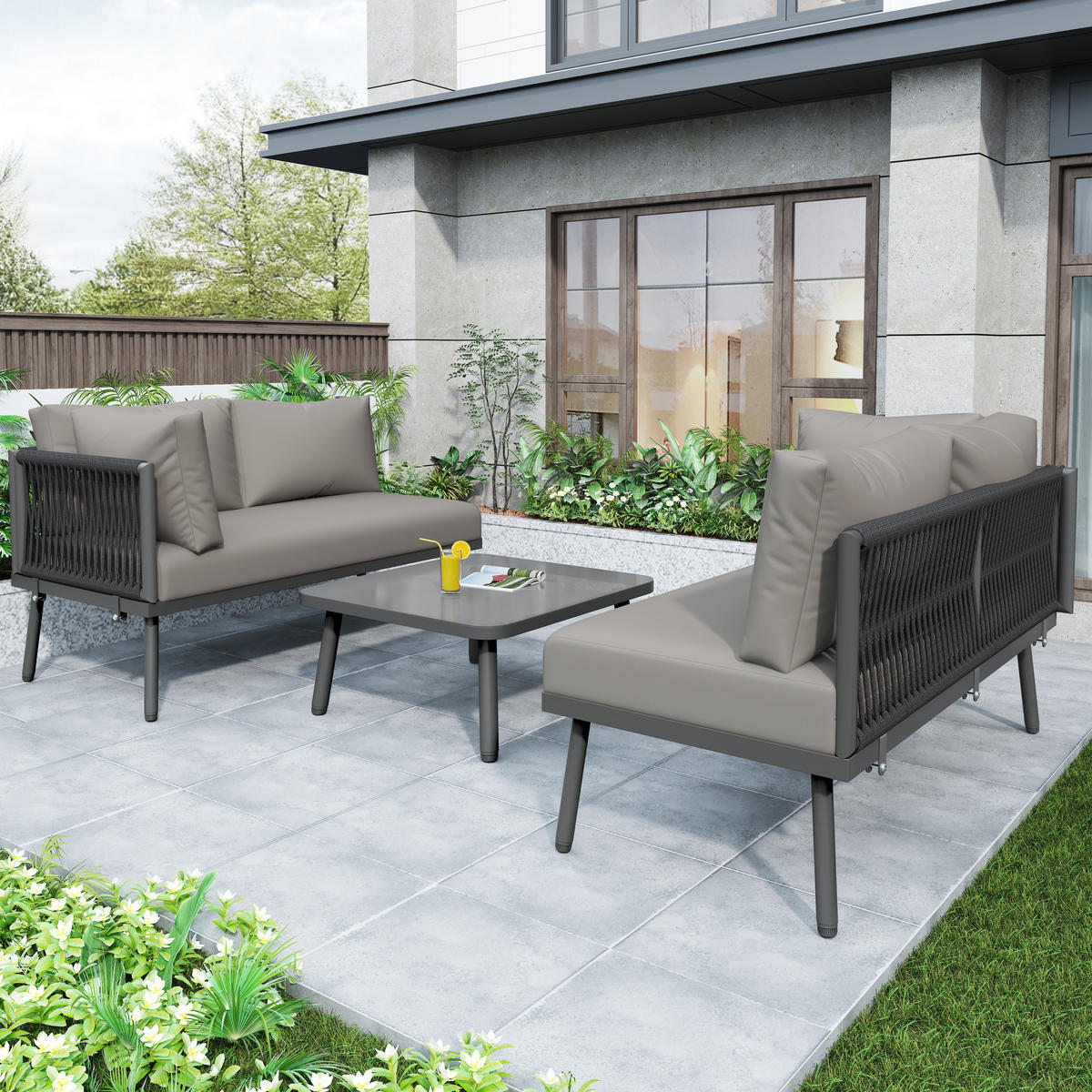 GARTENMOEBEL Set L-Form Eisen Grau Seil Verstellbare Füße 2 Sofas Tisch - Grau, Metall - FLIEKS