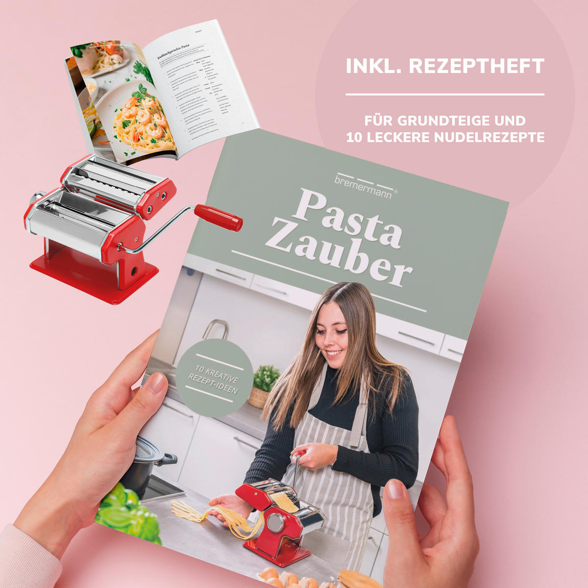 NUDELMASCHINE inkl. Rezeptbuch, rot/Edelstahl - Rot, Metall (21/20/15cm) - bremermann