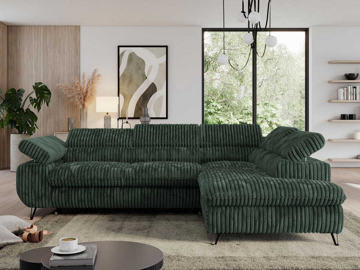 ECKSOFA PEDRO L Grün Cord - Rechts Seite - Schwarz/Grün, Textil/Metall (273/208cm) - MKS