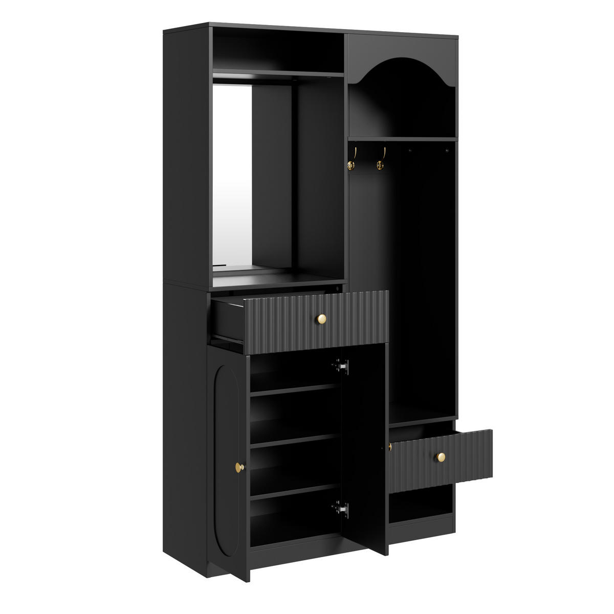 KOMPAKTGARDEROBE Spiegel Sitzbank Schuhschrank Haken LED - Schwarz, Holzwerkstoff (100/180/35cm) - FLIEKS