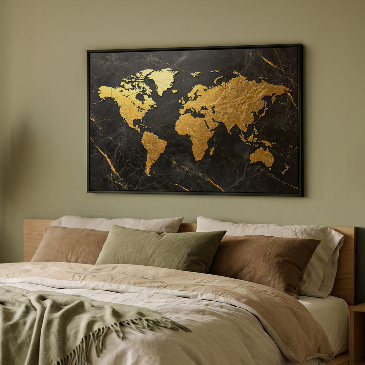 LEINWAND Bilder mit Rahmen - Weltkarte - Gold - Marmor - 90x60 - Goldfarben, Textil (90/60cm) - MuchoWow