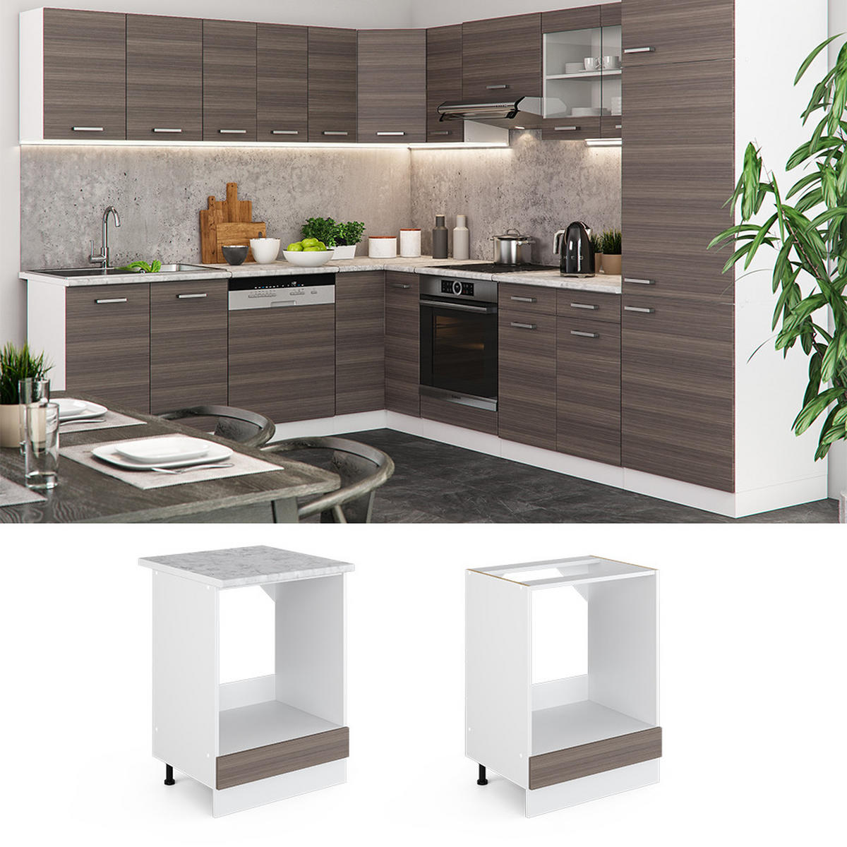 HERDUMBAUSCHRANK R-Line Grau 60 cm, AP Anthrazit - Weiß/Braun, Holzwerkstoff (60/81.6/60cm) - Vicco