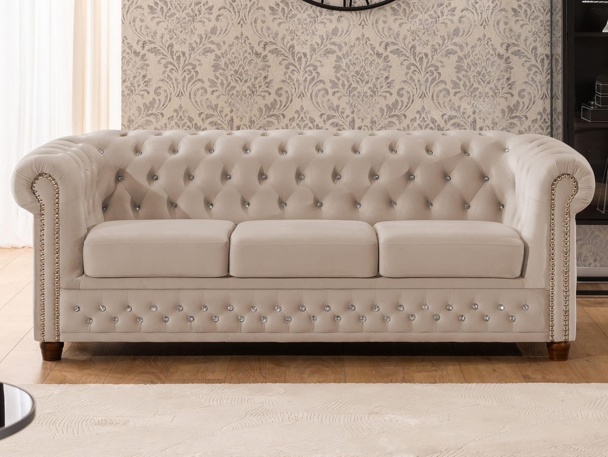 SITZGARNITUR 3+2 Chesterfield Cleo Blink Beige Samt mit Kristallsteppung und braunen Massivholzfüßen - Beige/Braun, Holz/Textil (203/72/86cm) - S-Style Möbel