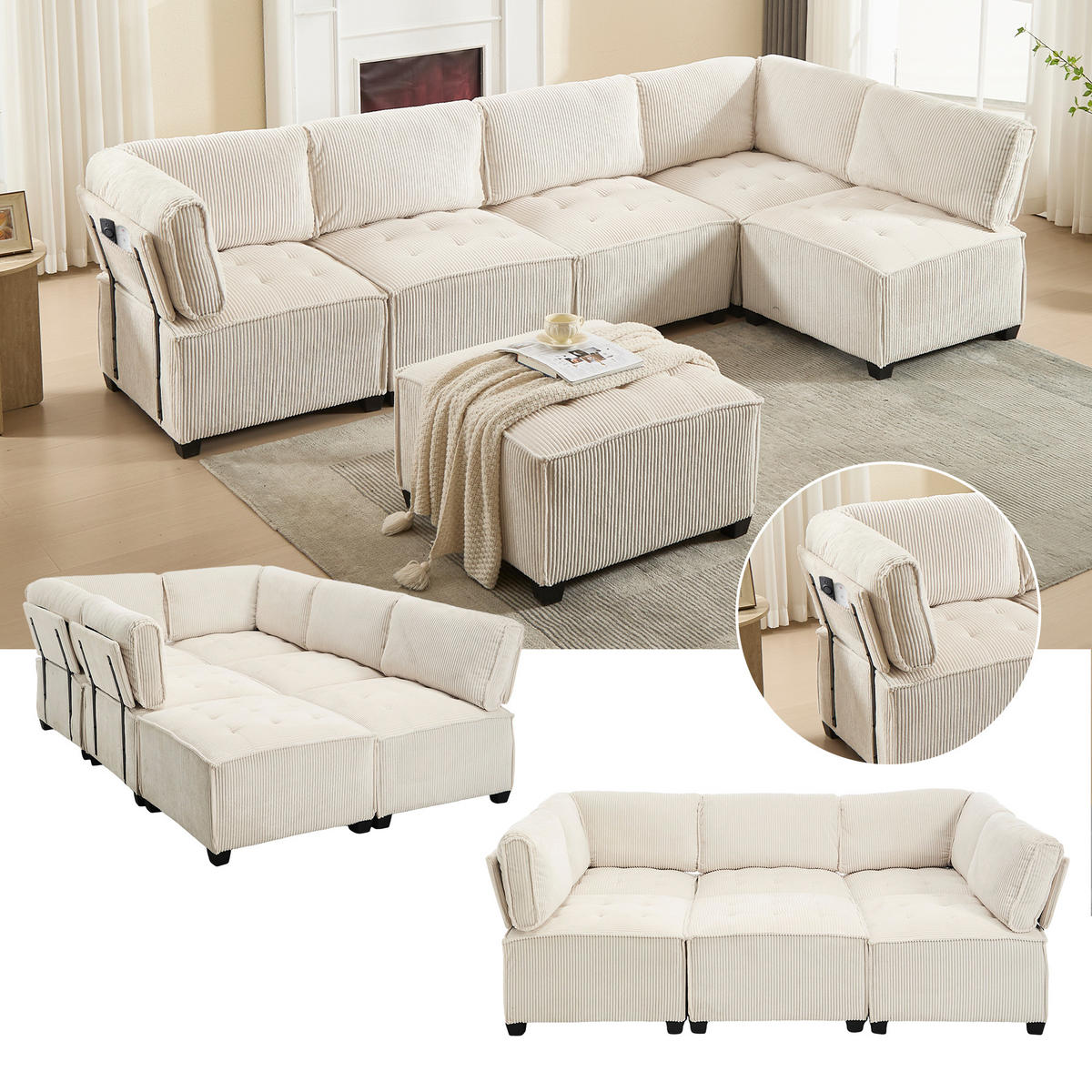 ECKSOFA 308/154/82 cm Beige mit Stauraumtaschen und Fußbank - Beige, Textil (308/154cm) - Oxeza