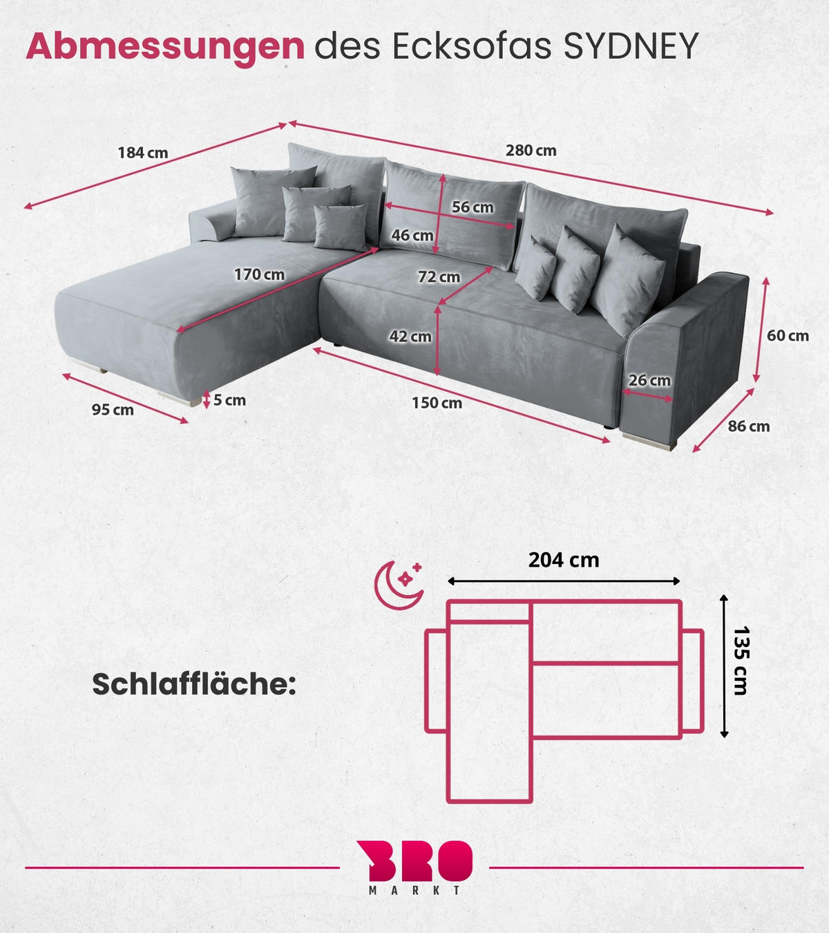 ECKSOFA Sydney mit Schlaffunktion Grau Plüsch - Hellgrau, Textil (280/184cm) - Bromarkt