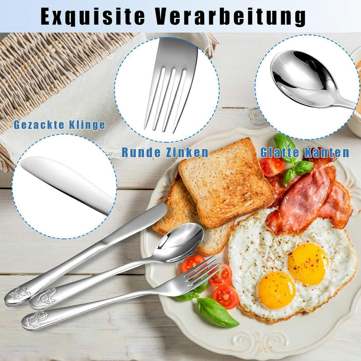 KINDERBESTECK Set 4-teilig Edelstahl Tiere ab 3 Jahre Spülmaschinengeeignet - Silberfarben, Metall