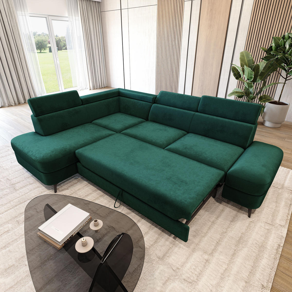 ECKSOFA AVISE M L-S Grün Velours-Stoff mit Schlaffunktion - Grün, Holzwerkstoff/Textil (268/195cm) - MASSENO
