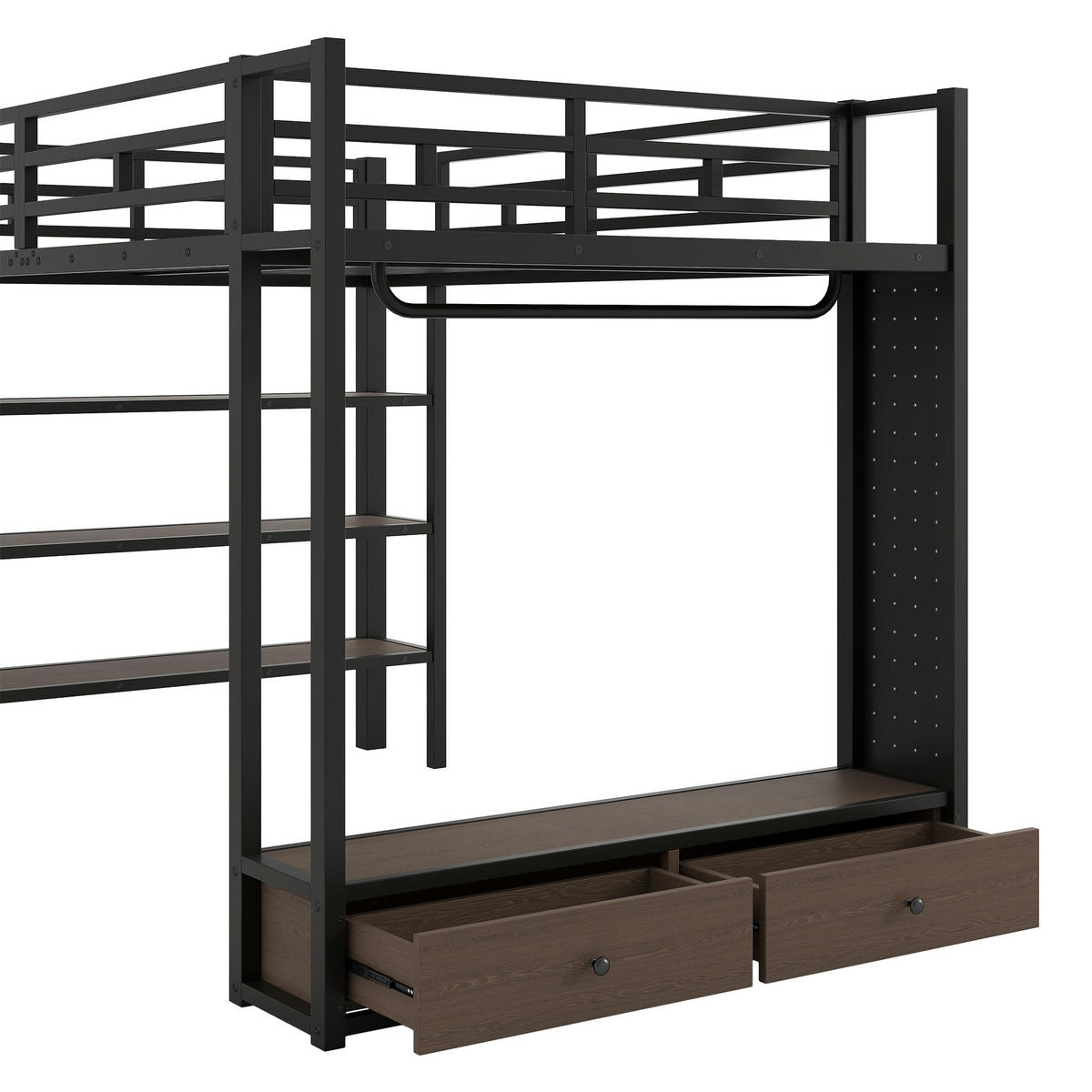 HOCHBETT 140/200 cm in Schwarz mit Kleiderschrank, Schubladen, Lochwand und LED - Schwarz, Holzwerkstoff/Metall (140/200cm) - STILVORA
