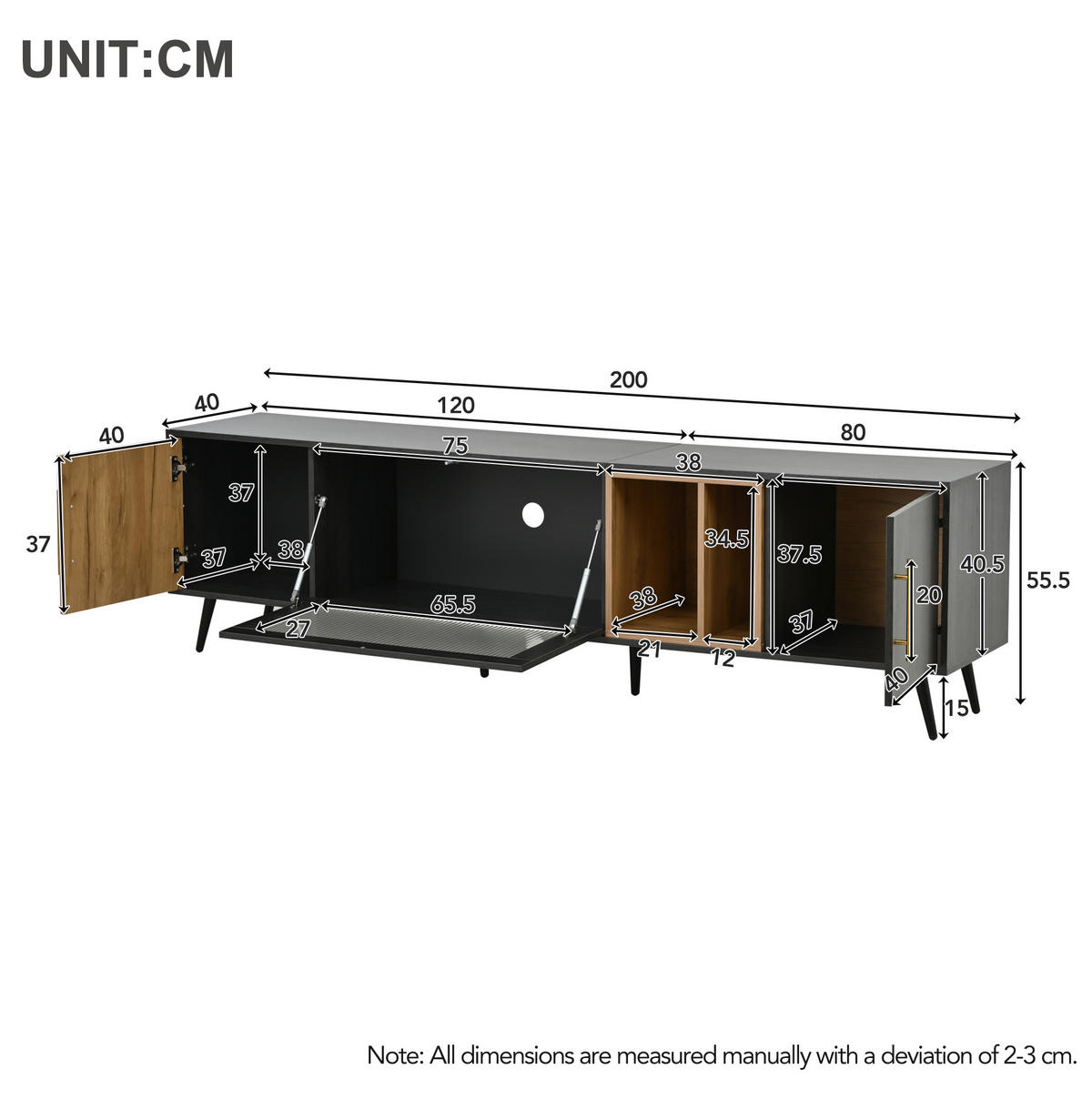 LOWBOARD 200/40/55.5 cm in Grau und Braun aus MDF mit Kabelmanagement - Grau, Holzwerkstoff (40/55.5/200cm) - OKMYHOME