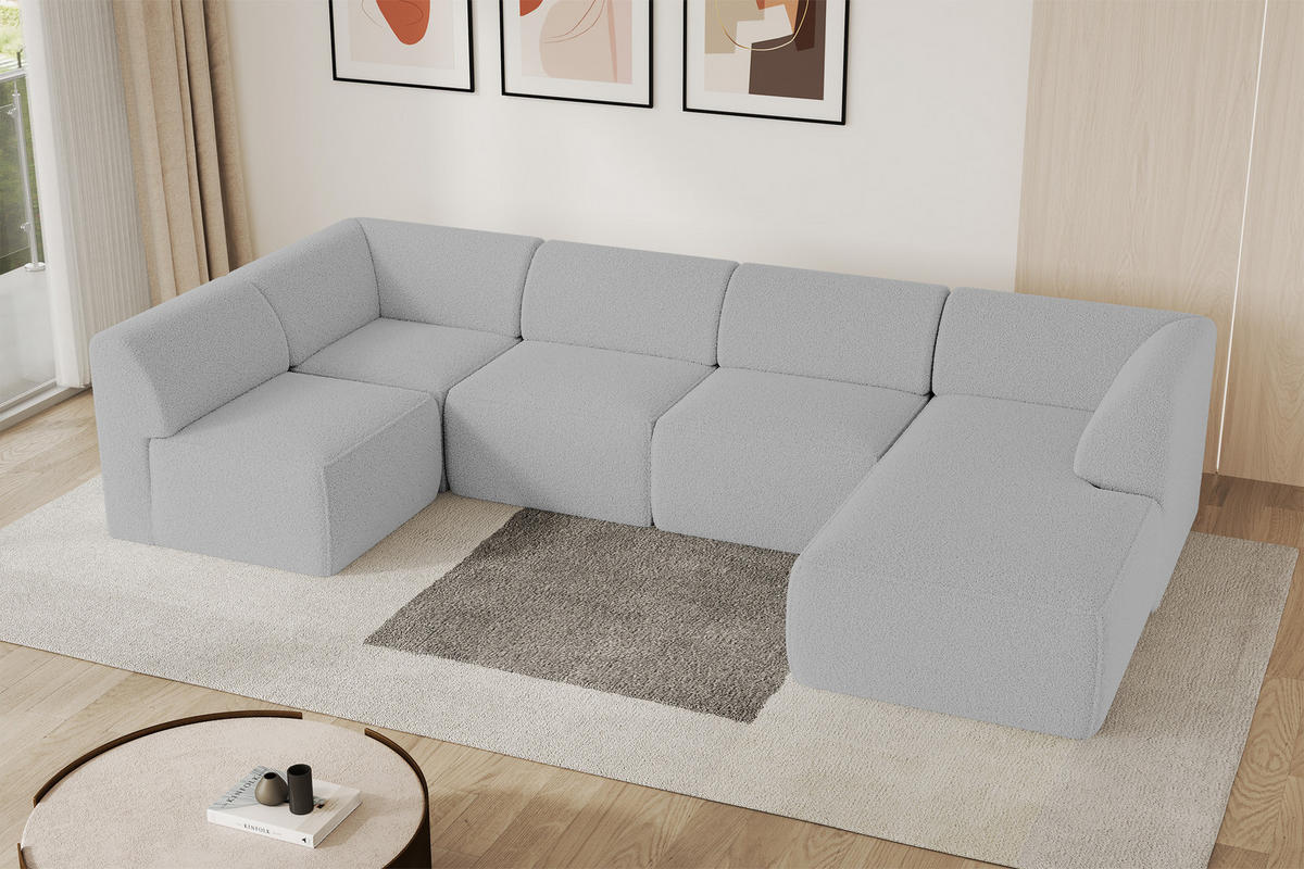 WOHNLANDSCHAFT Ottomane Rechts MOVO-L 345x180x78 cm Hellgrau Bouclé - Anthrazit, Holzwerkstoff/Kunststoff (180/78/345cm) - ALTDECOR