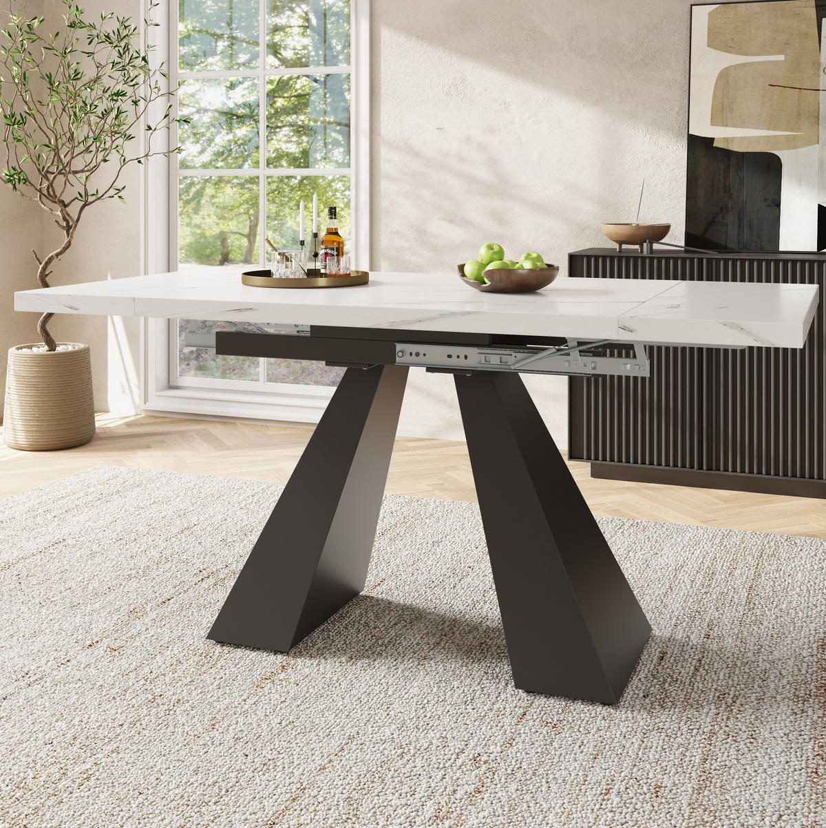 JÍDELNÍ stůl 99-159/74/77 cm bílý z MDF a kovu s rozkládací deskou - bílá, kompozitní dřevo (159/74/77cm) - OKWISH