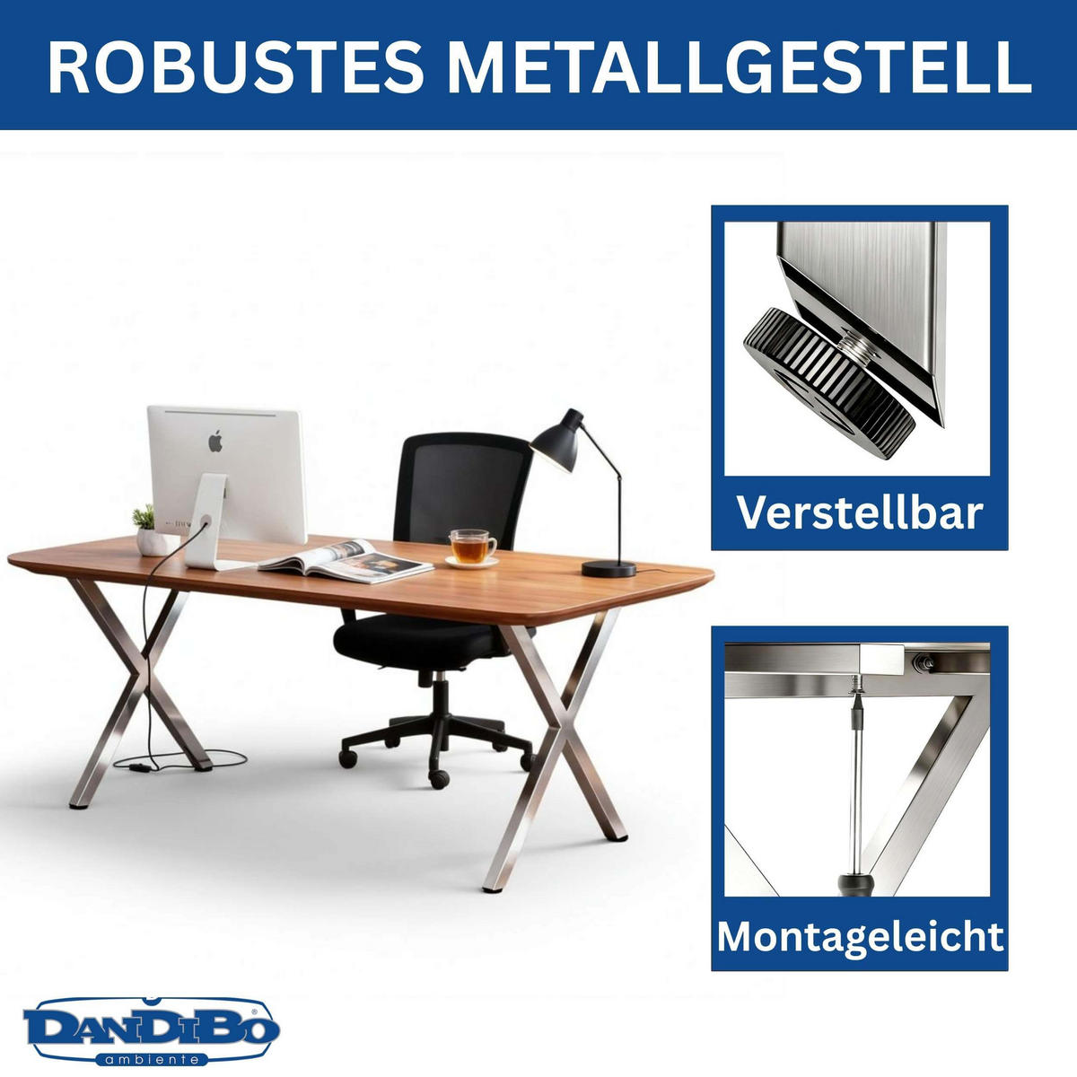 TISCHEBEINE Edelstahl 72 x 68 cm Tischgestell Höhenverstellbar 96678 Tischfüße Möbelfüße - Edelstahlfarben, Metall (68/72/5cm) - DanDiBo