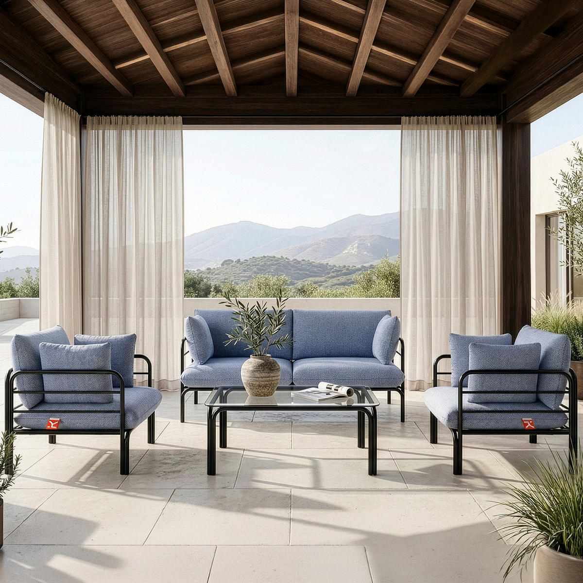 GARTENMÖBELSET RAMBE 4-tlg. 1x Tisch 2x Sessel 1x Sofa 2-Sitzer, mit Kissen, LOFT-STIL, Anthrazit - Anthrazit/Dunkelblau, Glas/Textil - KONSIMO®