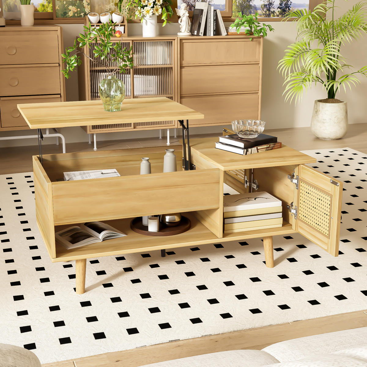 COUCHTISCH, anhebbare Tischplatte, Holzoptik mit schwarzen Akzenten und Rattan-Türen, 103/50/46/60 cm,Naturfarben - Naturfarben, Holzwerkstoff (103/50/60cm) - Redom