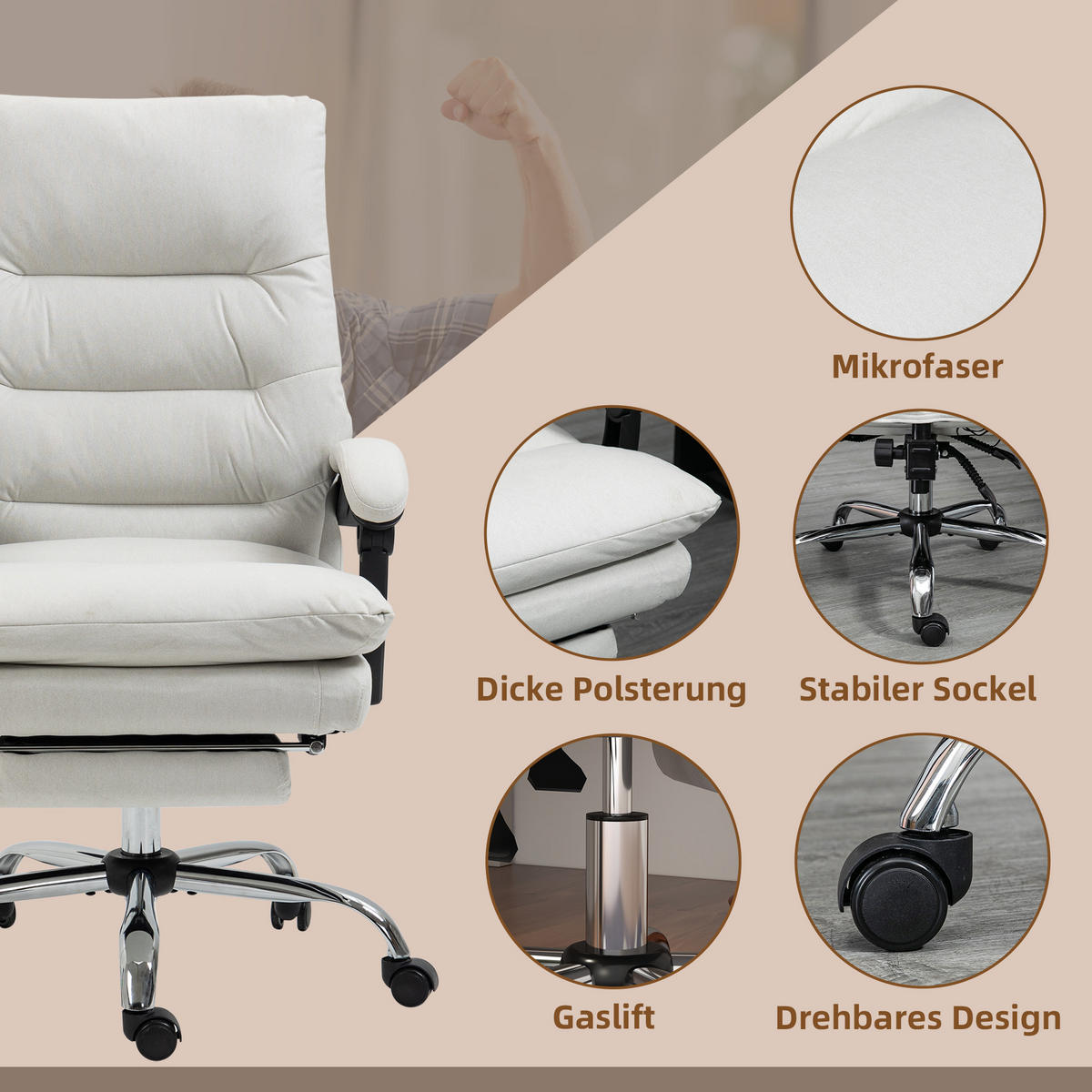 BÜROSTUHL mit Massagefunktion, Creme - Weiß, Kunststoff (72/117/65cm) - Vinsetto