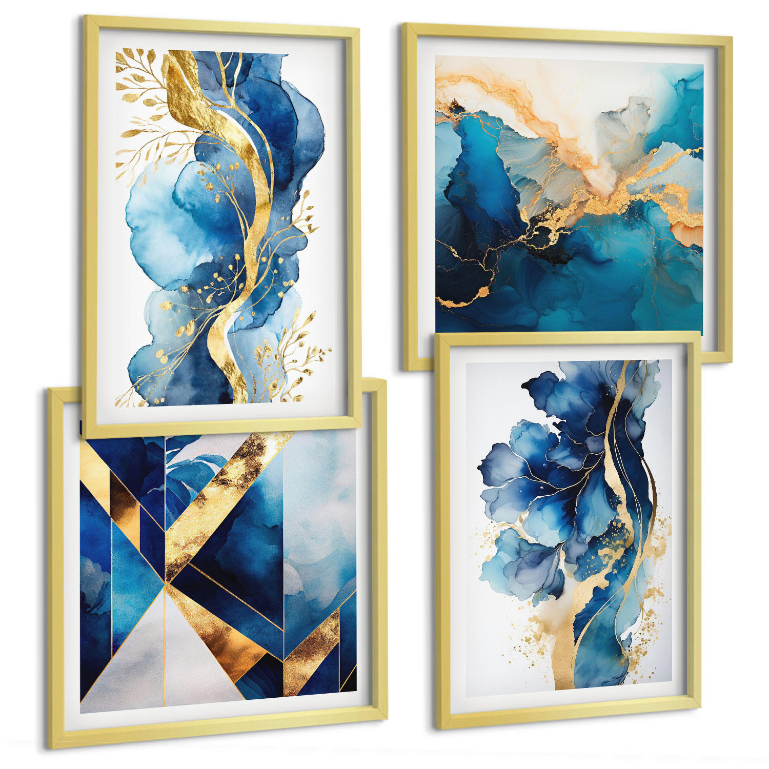 BILDER SET 4er Set - 50x50 cm & 40x60 cm Goldrahmen - Blaue abstrakte Muster - Goldfarben, Kunststoff (50/50cm) - TULUP