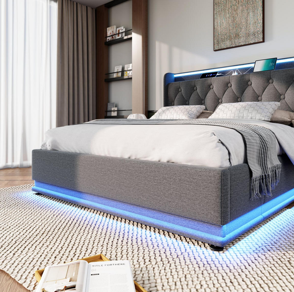 POLSTERBETT 160/200 cm Grau mit LED-Beleuchtung und USB-Anschluss - Grau, Textil (160/200cm) - OKWISH